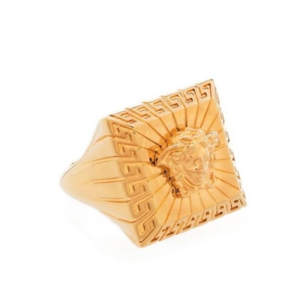 NIB Versace Medusa Head Square Ring IT 13 US 6 Gold Tone Engraved